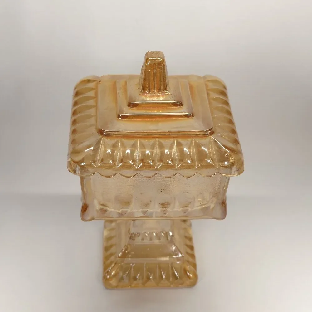 Jeannette Marigold Carnival Glass Covered Pedestal Candy Dish Vintage Square